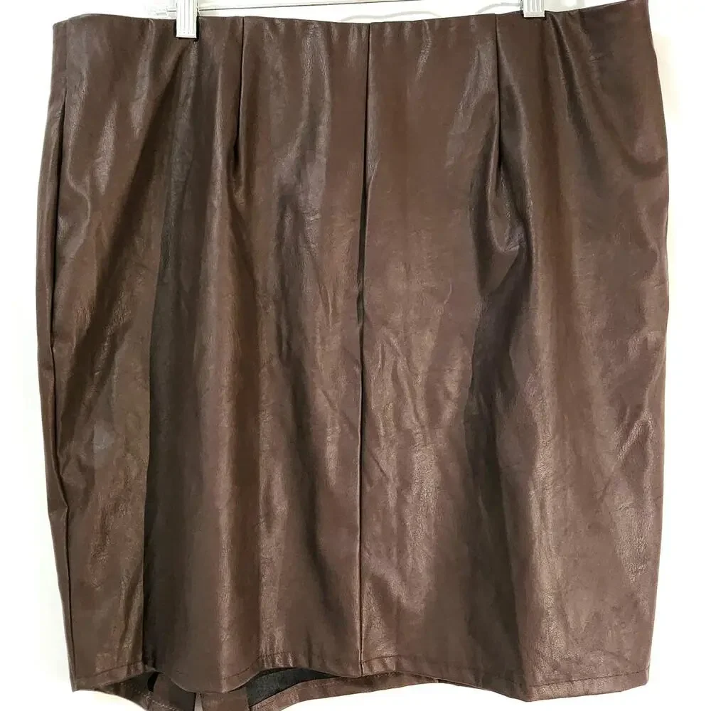Maree Pour Toi Chocolate Brown Skirt Plus Size 2X Faux Leather Lined Retro Sexy